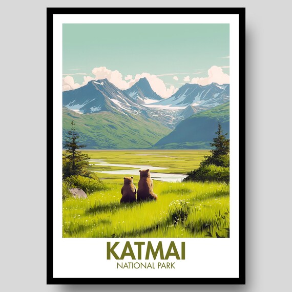 Katmai National Park Alaska Brown Bears Vista Wildlife Art Poster