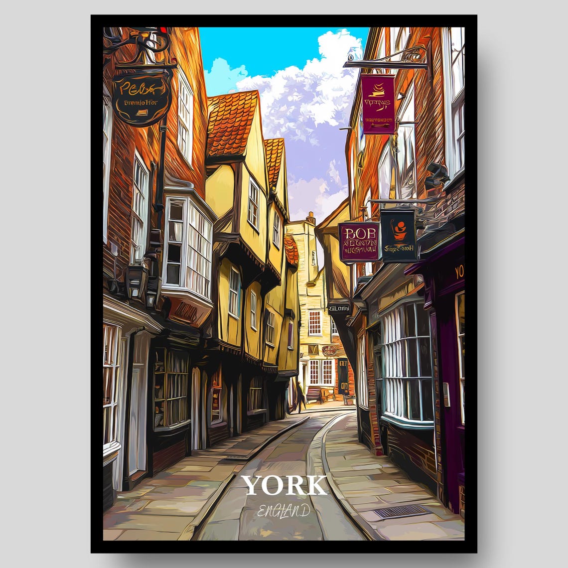 York England Medieval Cobble Lane Timber Framed Shops Poster