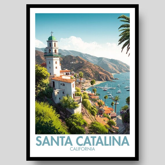 Santa Catalina California Harbor Town Illustrated Coastal Travel Poster