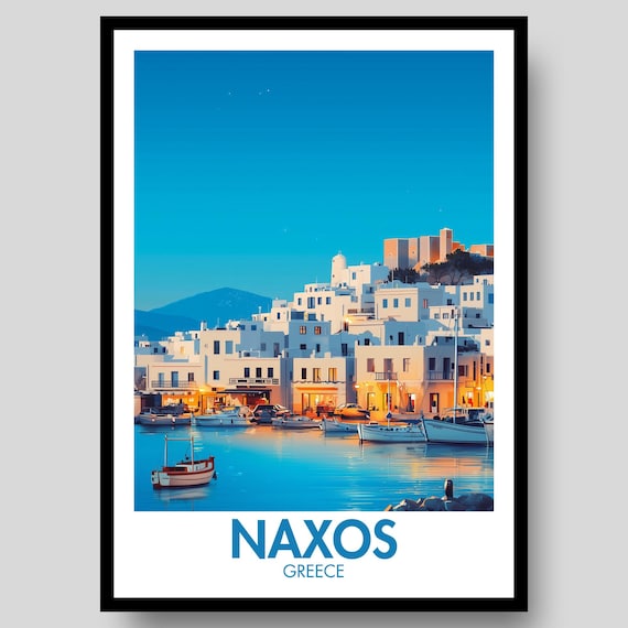 Naxos Greece Night Harbor Whitewashed Town Blue Hour Seaside Poster