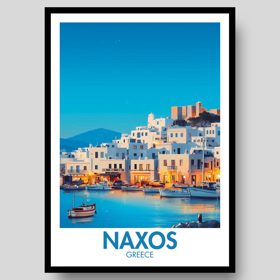 Naxos Greece Night Harbor Whitewashed Town Blue Hour Seaside Poster