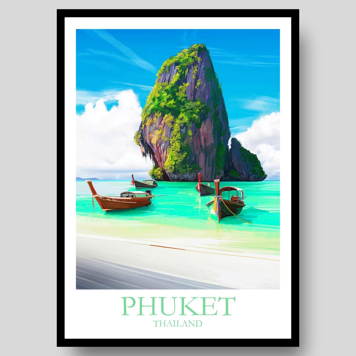 Phuket Thailand Limestone Cliff Longtail Boats Travel Poster