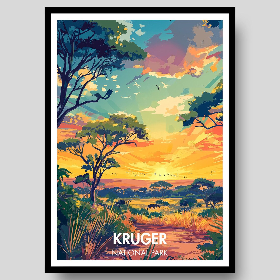 Kruger National Park Safari Sunset Wildlife Savanna Travel Poster