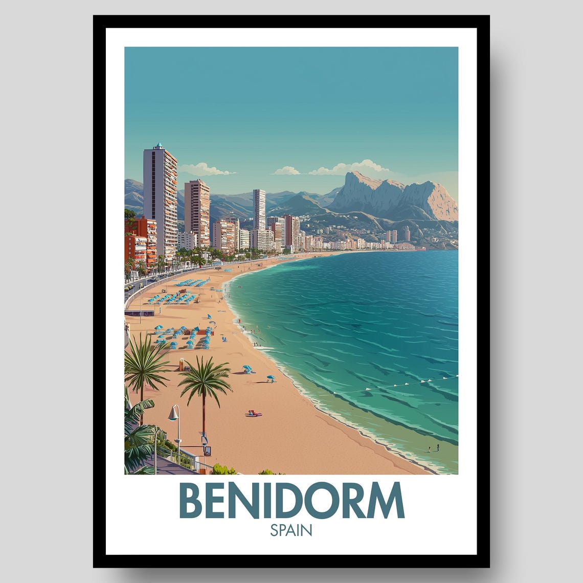 Benidorm Spain Beach Coastline Vintage Style Sunny Travel Poster