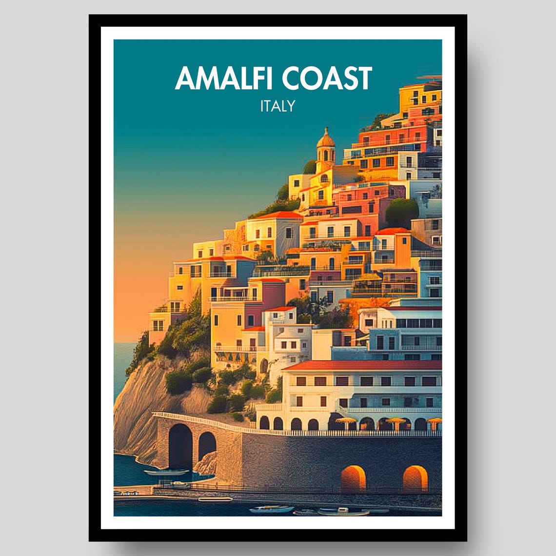 Amalfi Coast Italy Sunlit Cliff Village Seaside Scene Poster