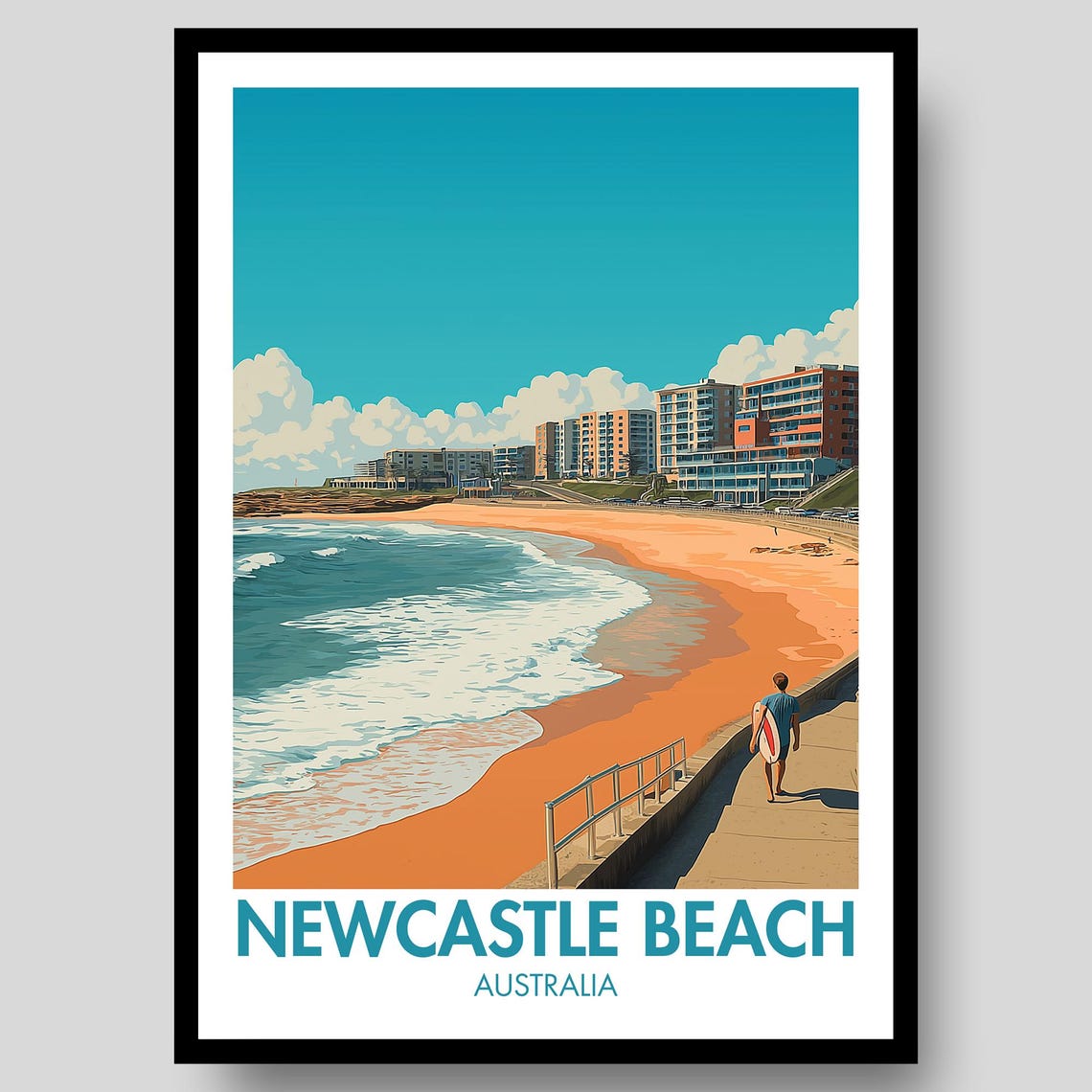Newcastle Beach Australia Surfer Vintage Coastal Travel Poster