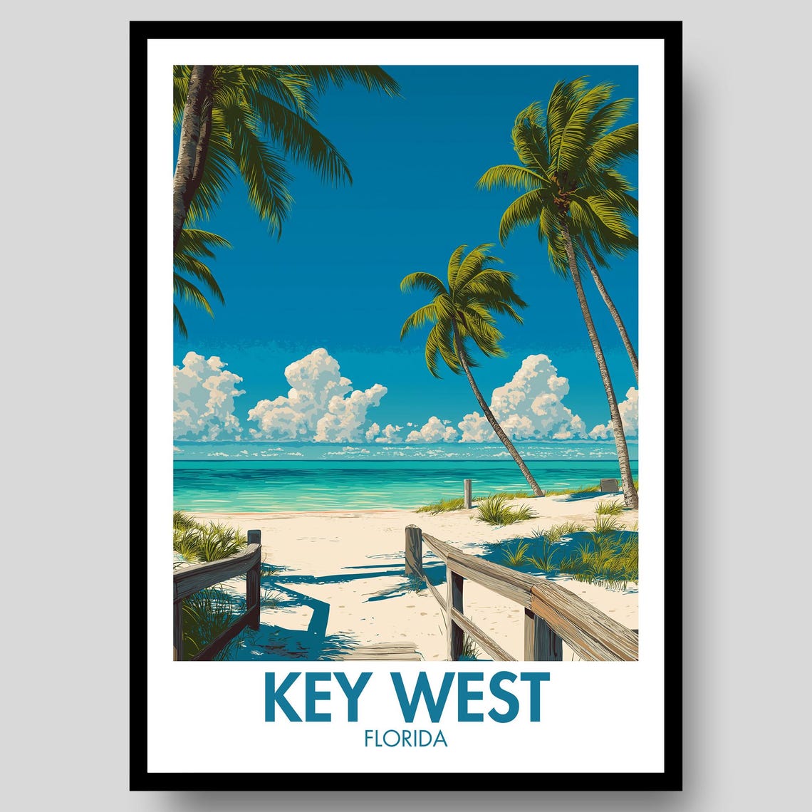 Key West Florida Sandy Beach Boardwalk Palm Trees Turquoise Sea Poster