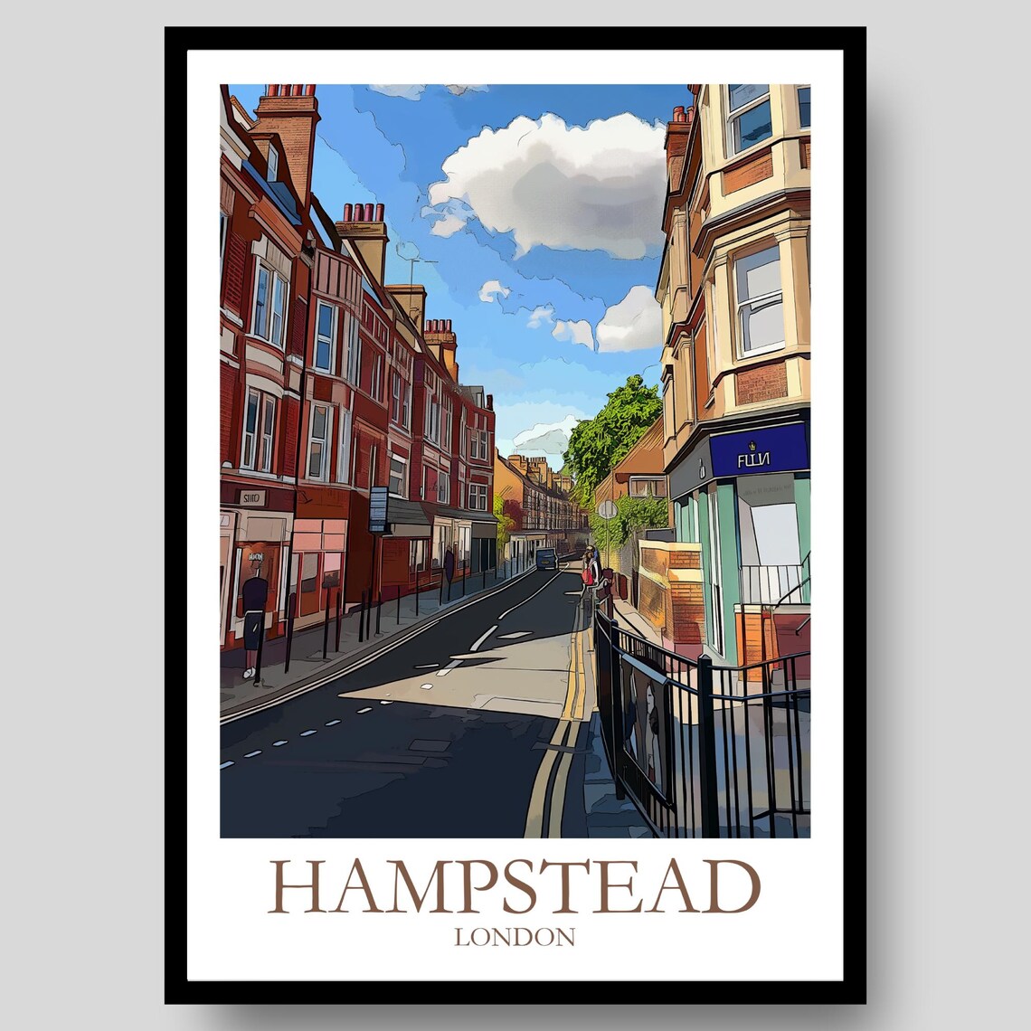 Hampstead London Village High Street Shops Sunny Day Travel Poster
