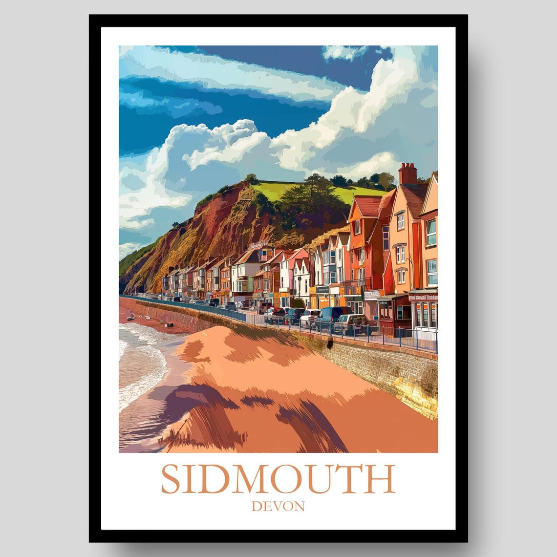 Sidmouth Devon Seafront Houses Red Cliffs Sandy Beach Poster