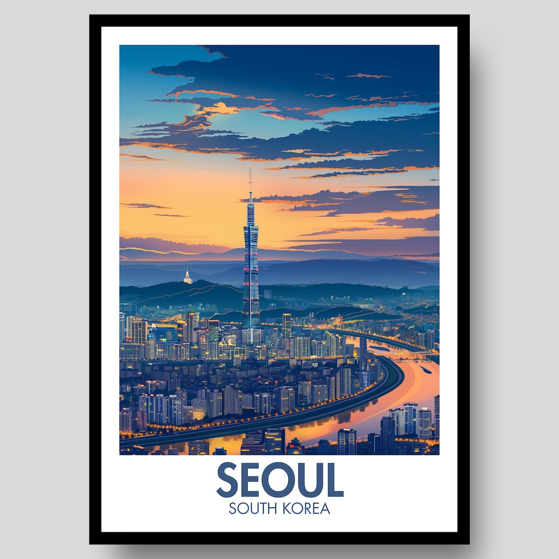 Seoul South Korea City Lights Skyline Dusk River Travel Poster