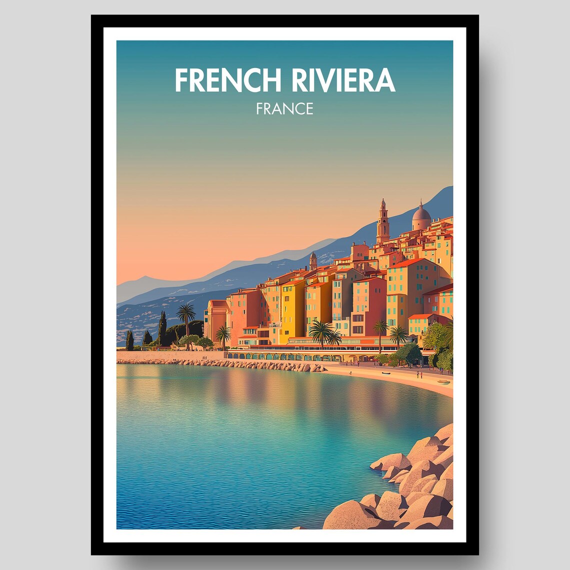 French Riviera France Mediterranean Sunset Coast Town Travel Poster