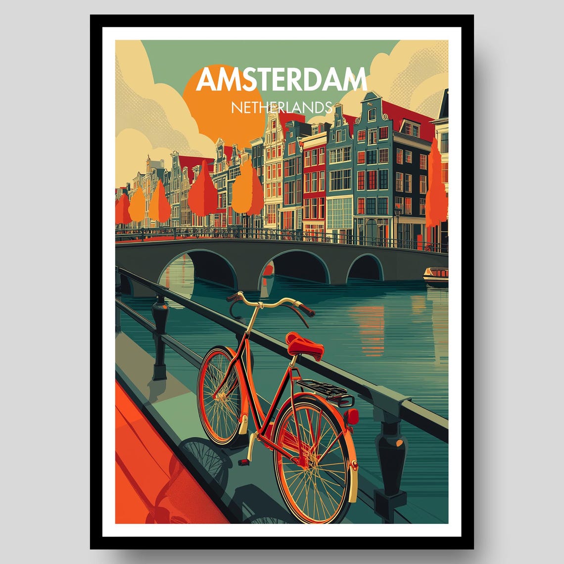 Amsterdam Netherlands Canal Bridge Red Bike Sunset Travel Poster