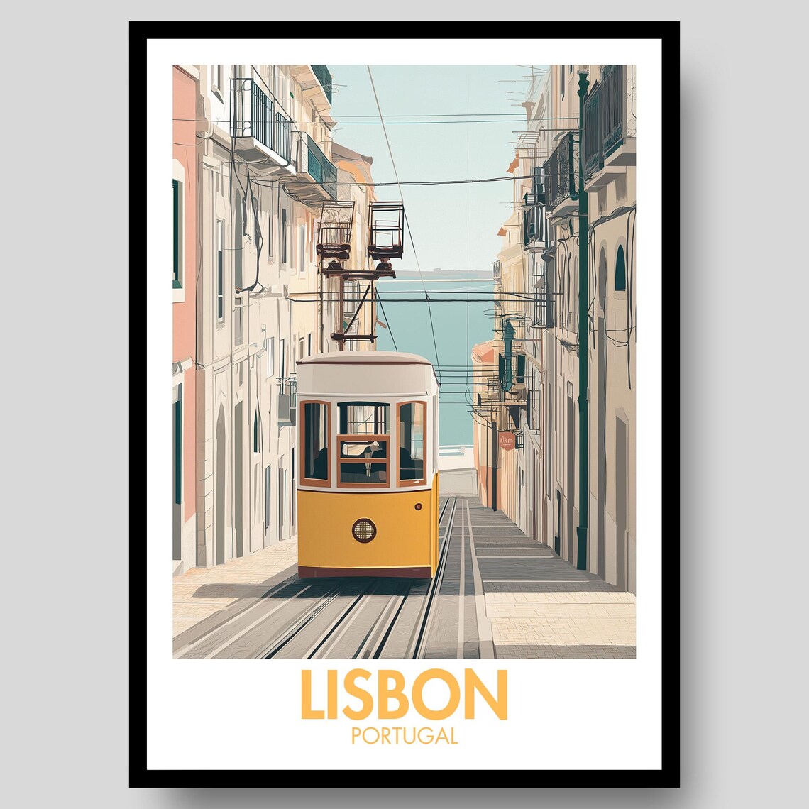 Lisbon Portugal Yellow Tram Vintage Street River View Travel Poster