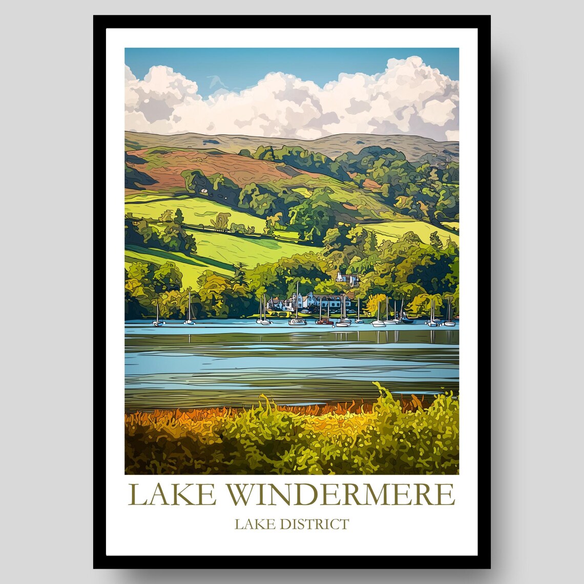 Lake Windermere Lake District Sailboats Rolling Fells Travel Poster