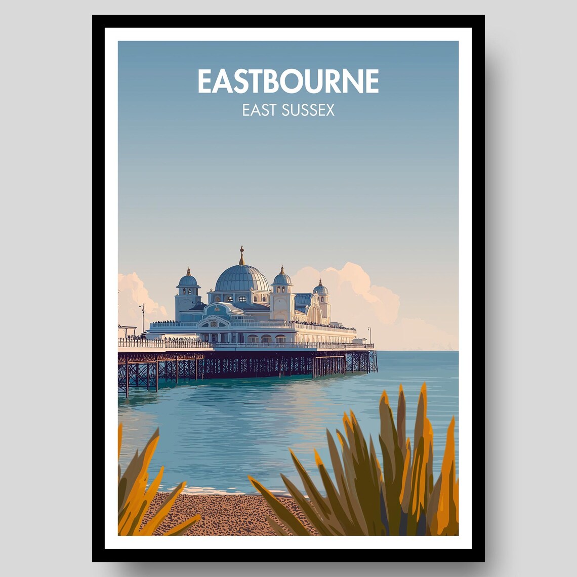 Eastbourne East Sussex Pier Sunset Golden Shoreline Vintage Travel Poster
