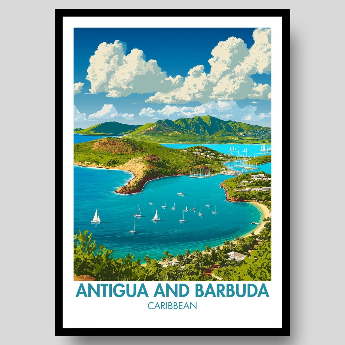 Antigua and Barbuda Sailboat Bay Mountains Caribbean Travel Poster