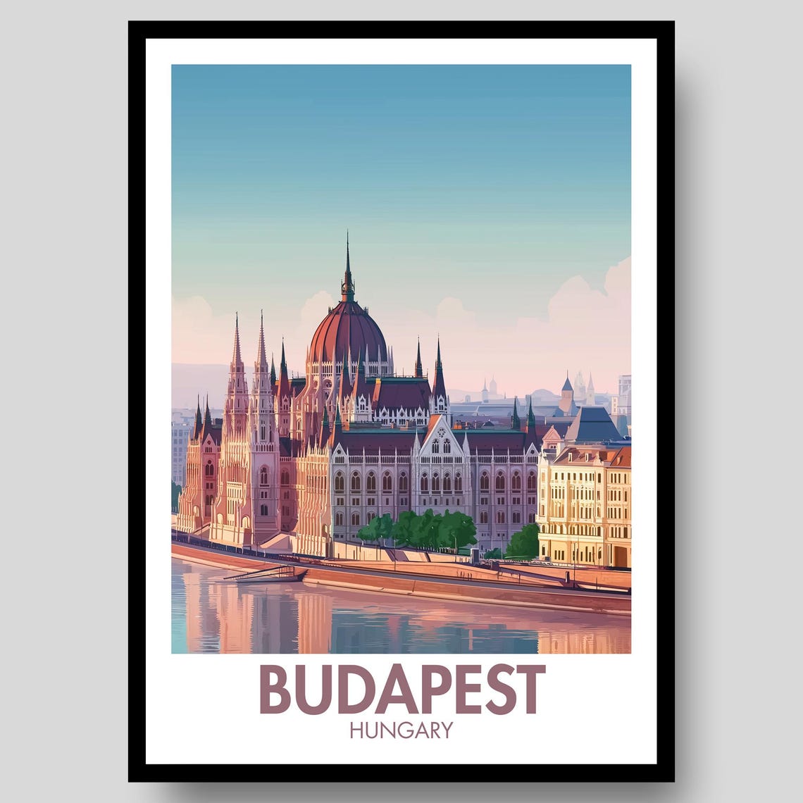 Budapest Parliament Building Danube River Hungary Sunset Travel Poster