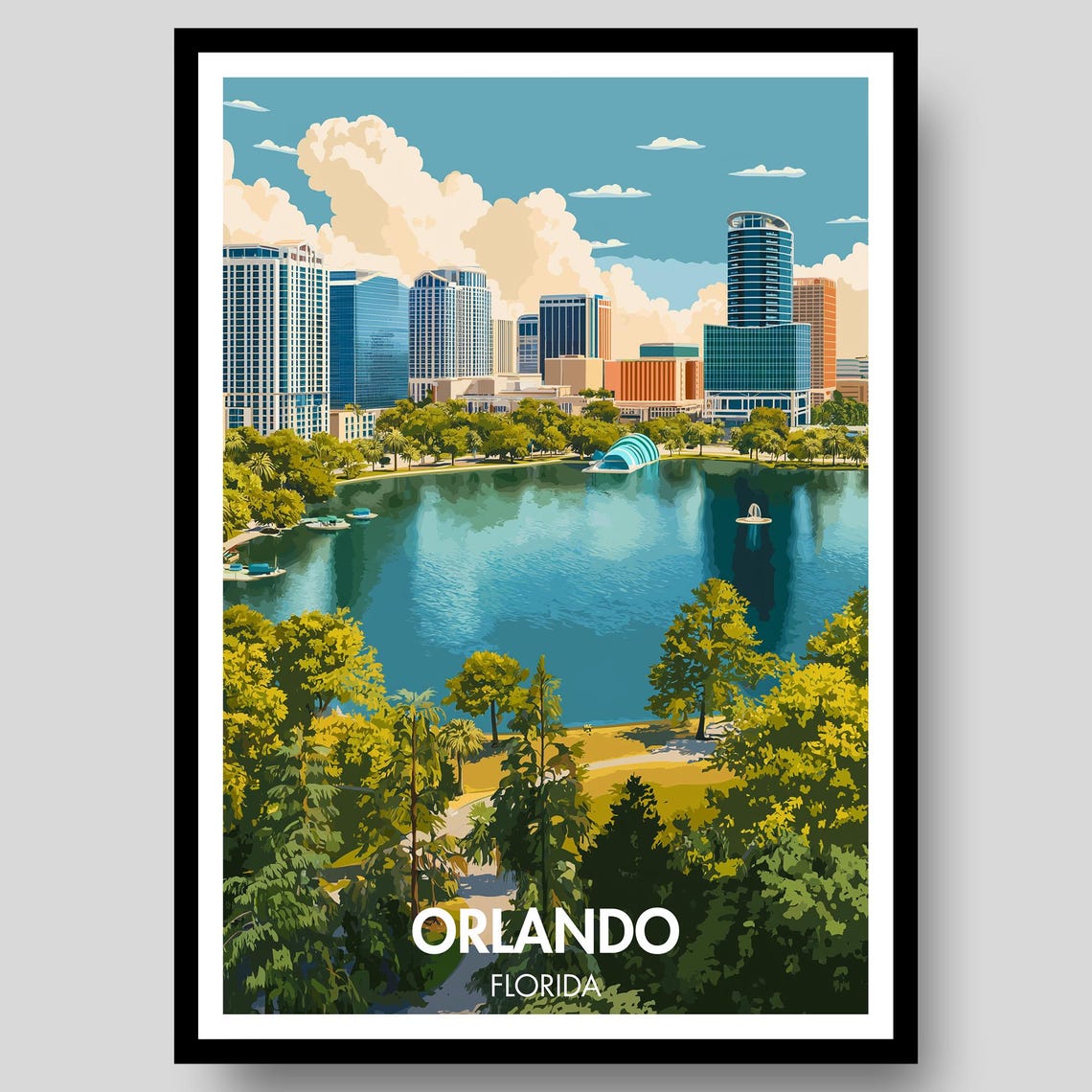 Orlando Florida Lake Eola Park Downtown Skyline Travel Poster