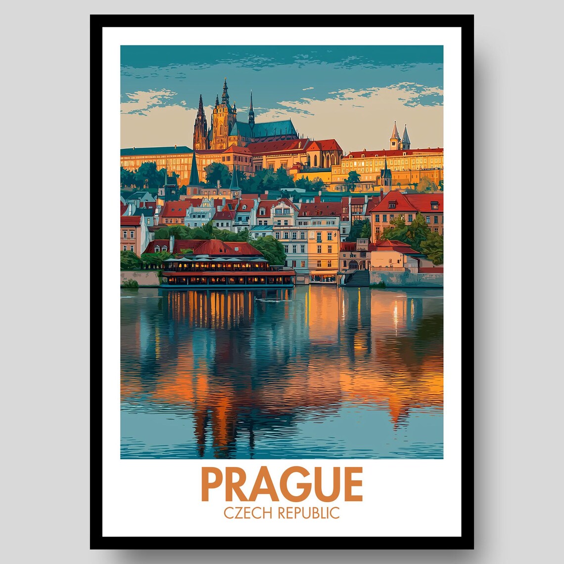 Prague Czech Republic Castle Riverside Sunset Skyline Travel Poster
