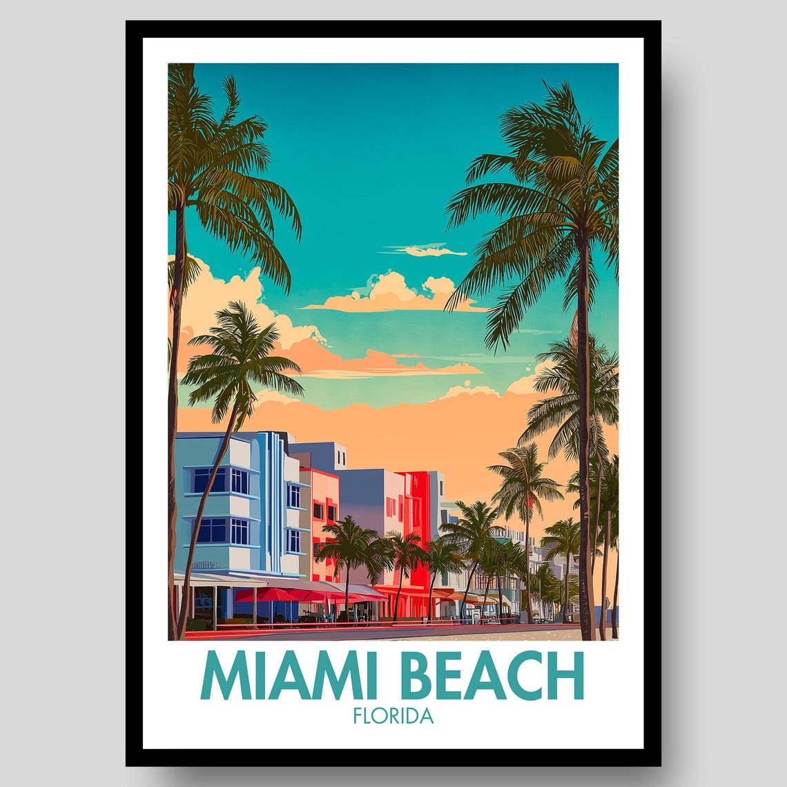 Miami Beach Florida Art Deco Ocean Drive Palm Sunset Beach Poster