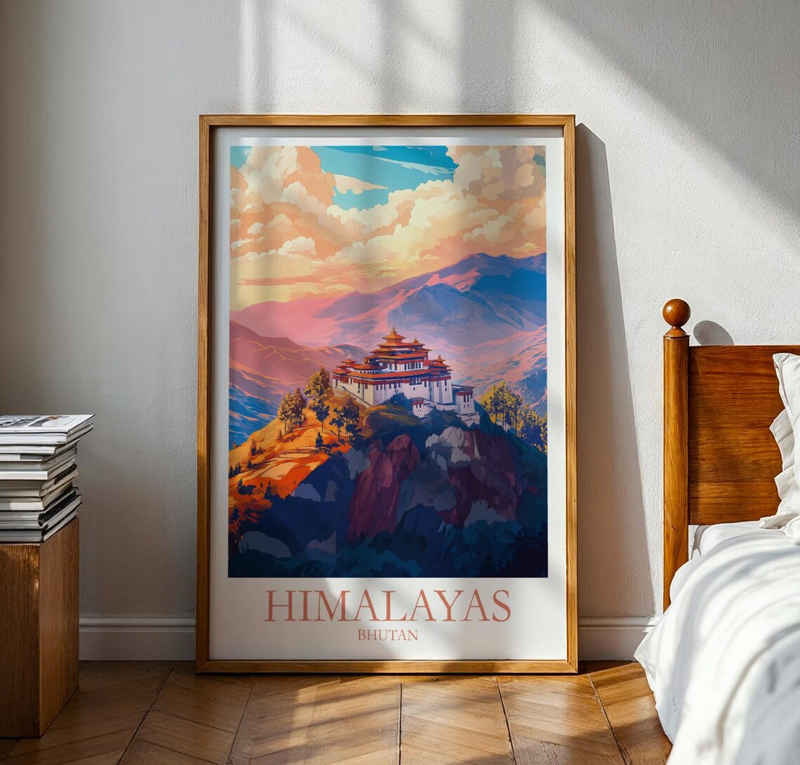 Himalayas Bhutan Monastery Sunset Mountain Travel Art Poster
