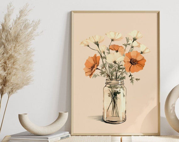 Living Room Decoration Flowers Boho Vintage Poster Nature Pastel Orange White Art Print Botanical For Kitchen Hallway Modern Office Picture