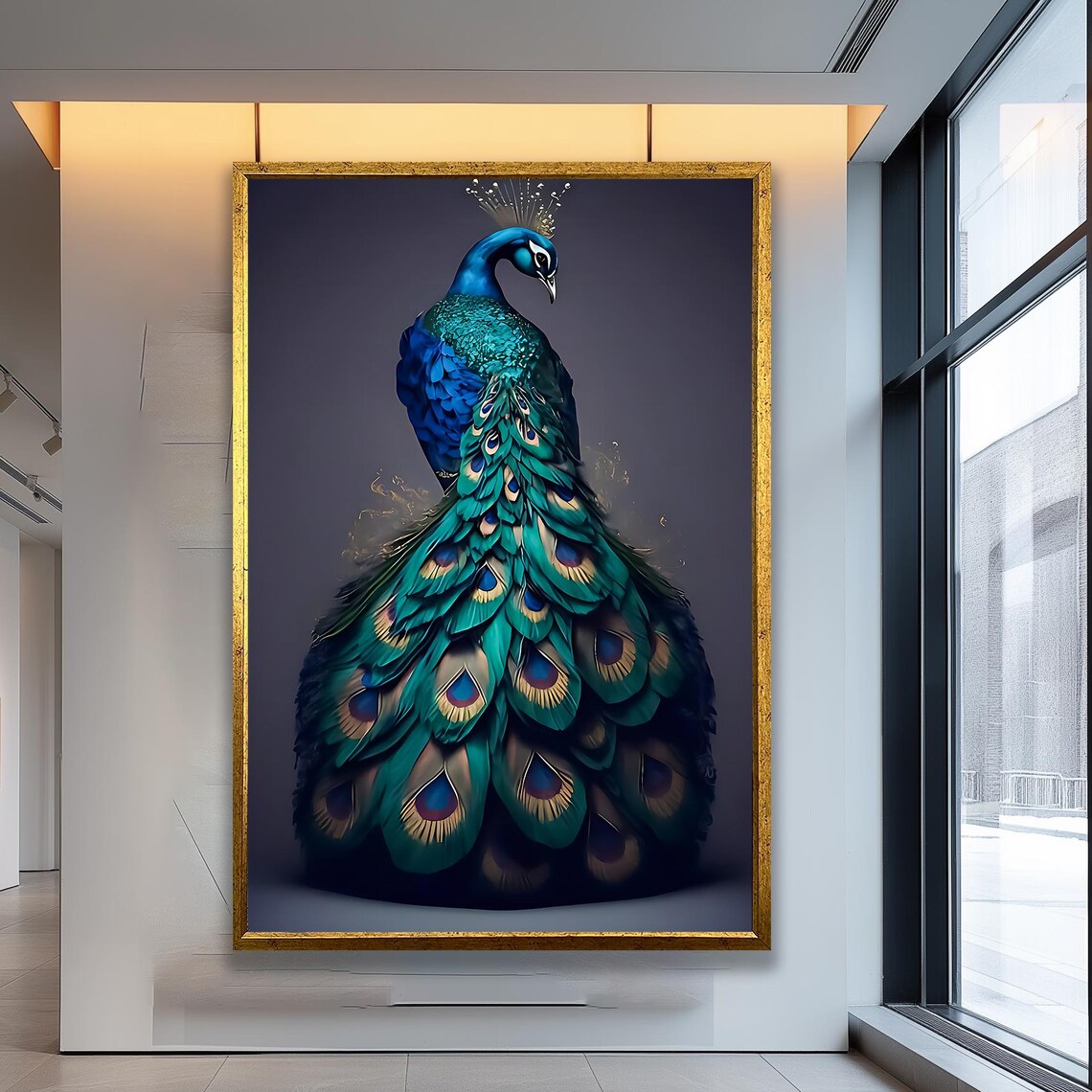 Majestic Blue Peacock With Iridescent Tail Feathers Dark Art Poster