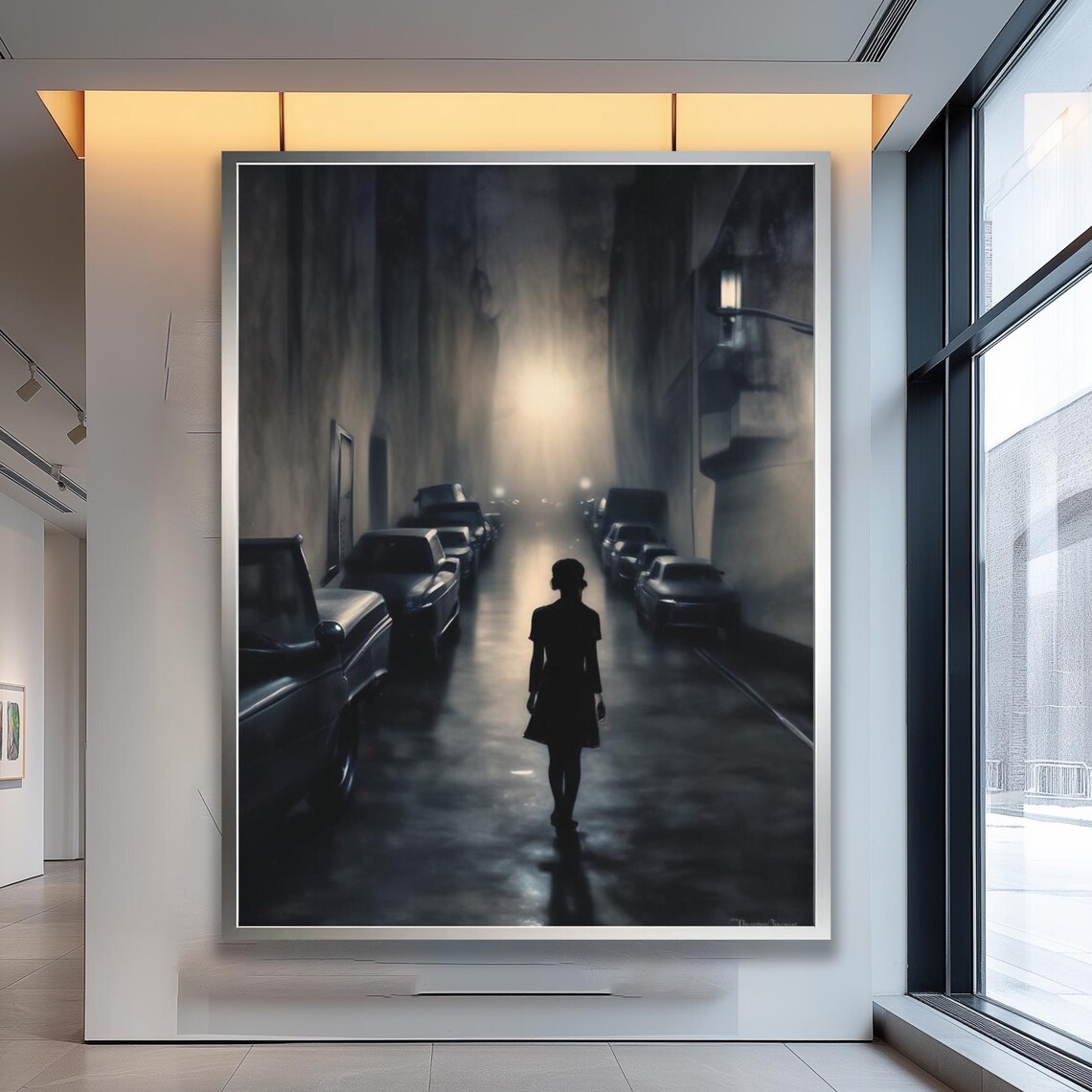Lone Girl Walking Misty Dark City Street Moody Cinematic Poster