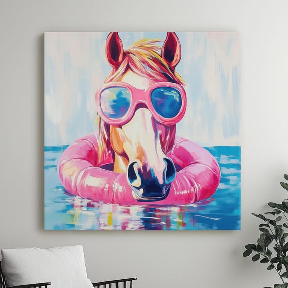 Funny Horse Pool Party Painting Quirky Colorful Art Floating With Sunglasses Giclee Paper Whimsical Animal Wall Decor