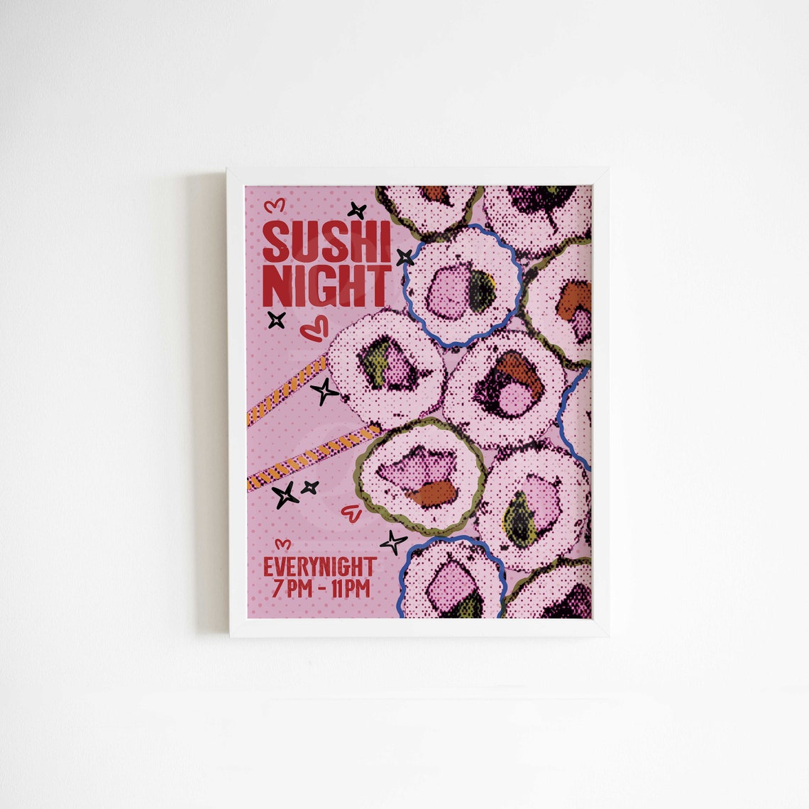 Sushi Girl Dinner Night Poster Red Pink Preppy Japanese Cuisine Print Girly Dorm Foodie Gifts Food Kitchen Retro Vintage Trendy Wall Art