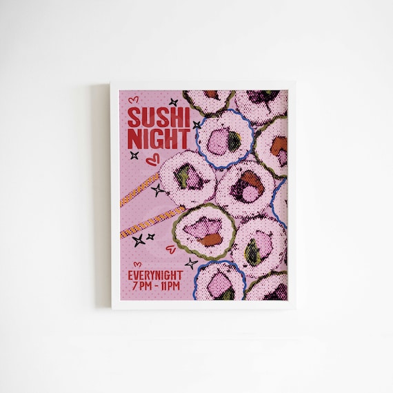 Sushi Night Pink Halftone Maki Rolls Food Kitchen Decor Retro Poster