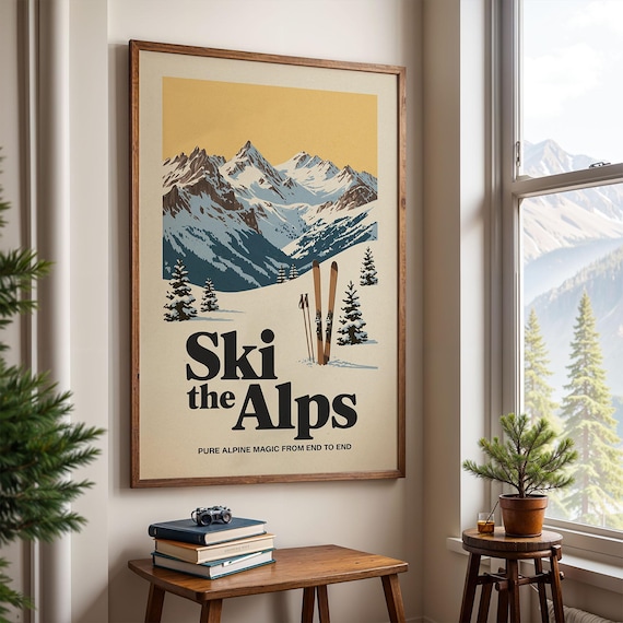 The Alps Ski Poster, Retro Vintage Alpine Decor