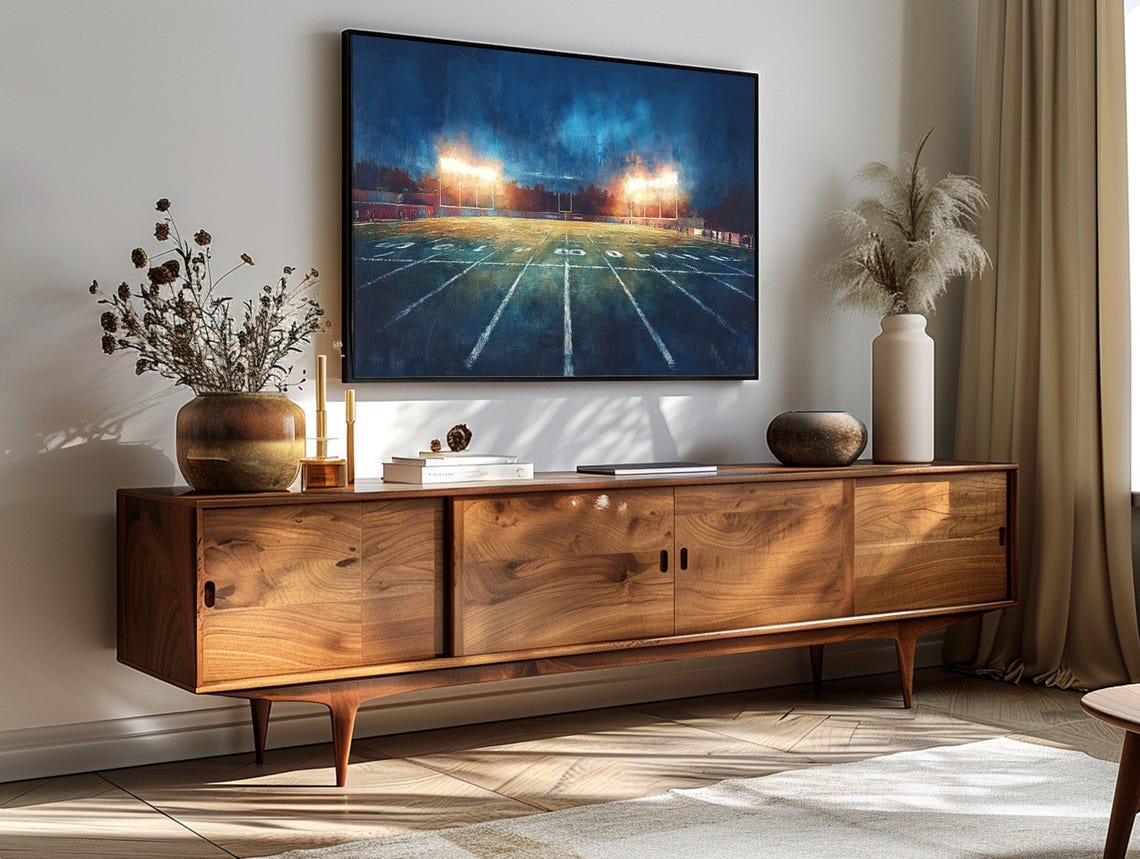 Football Field 50 Yard Line Night Stadium Lights Glow Sports Poster - Image 3