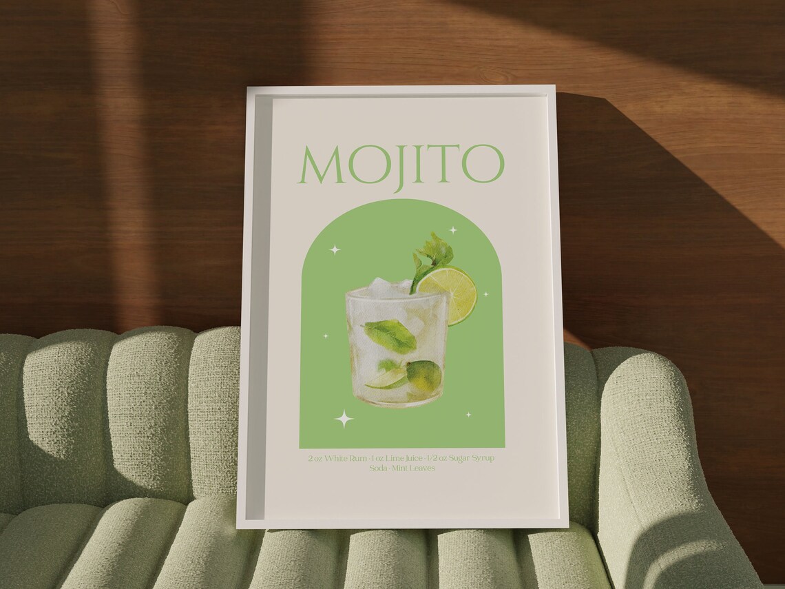 Mojito Cocktail Recipe Green Watercolor Mint Lime Bar Poster - Image 2