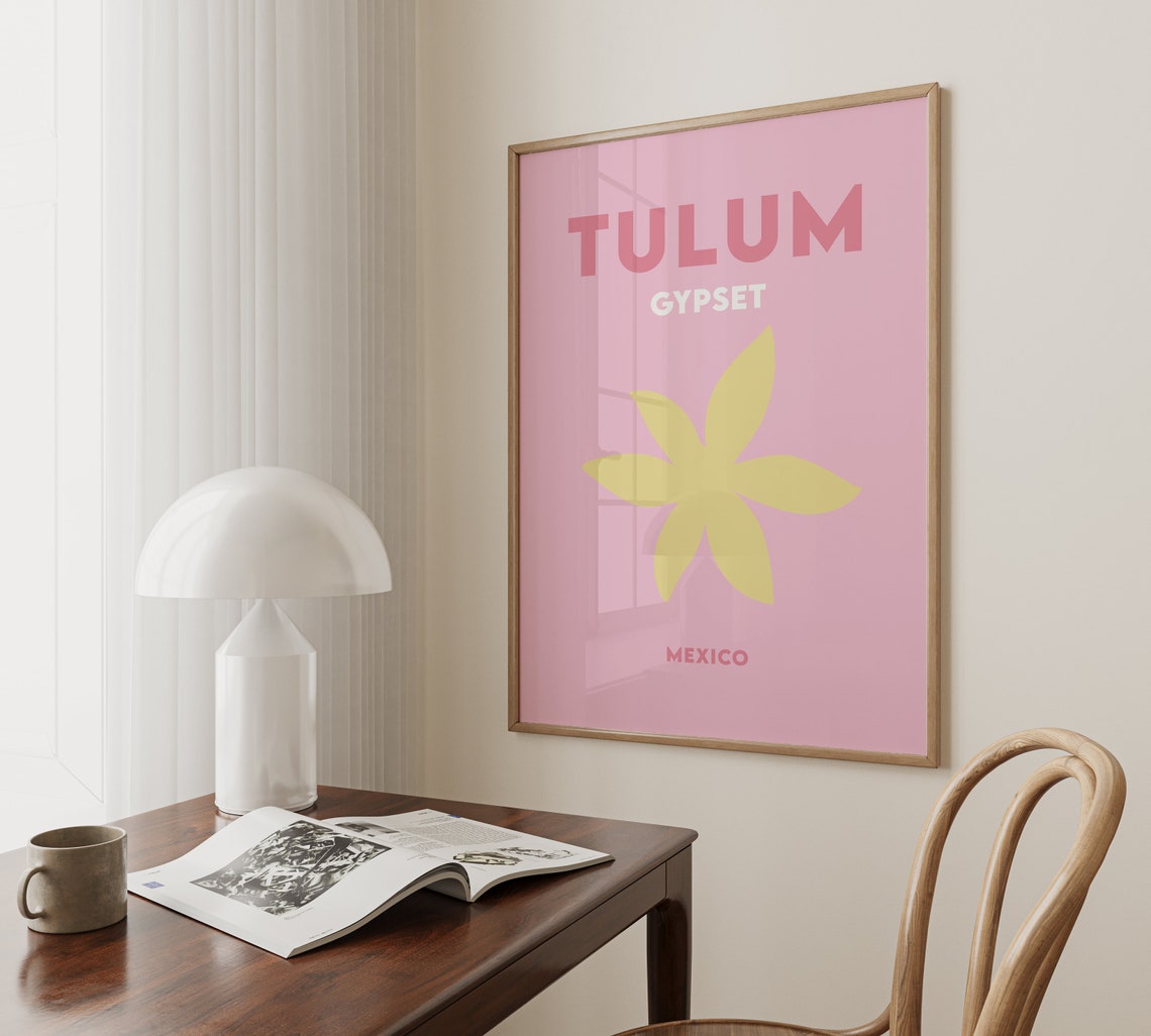 Tulum Gypset Mexico Minimalist Pink Yellow Flower Travel Poster - Image 2