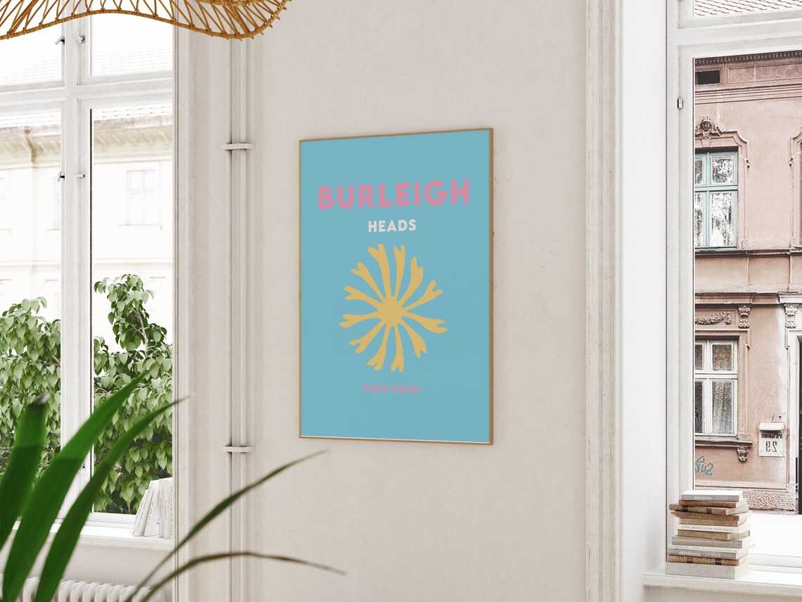Burleigh Heads Gold Coast Blue Yellow Sunburst Travel Poster - Image 3