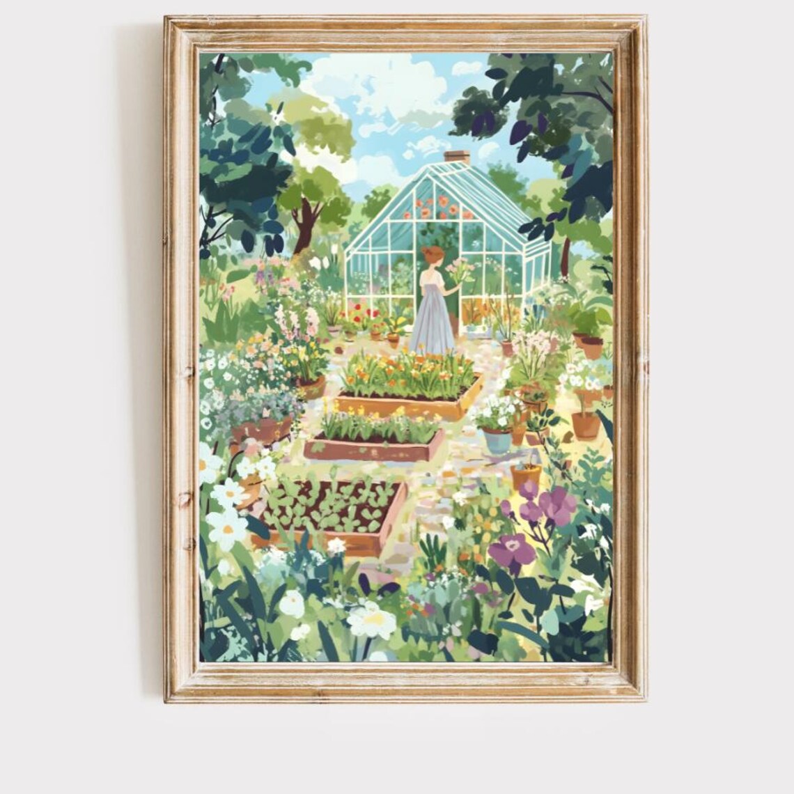 Lovely Woman Picking Flowers in a Greenhouse Garden Art Poster