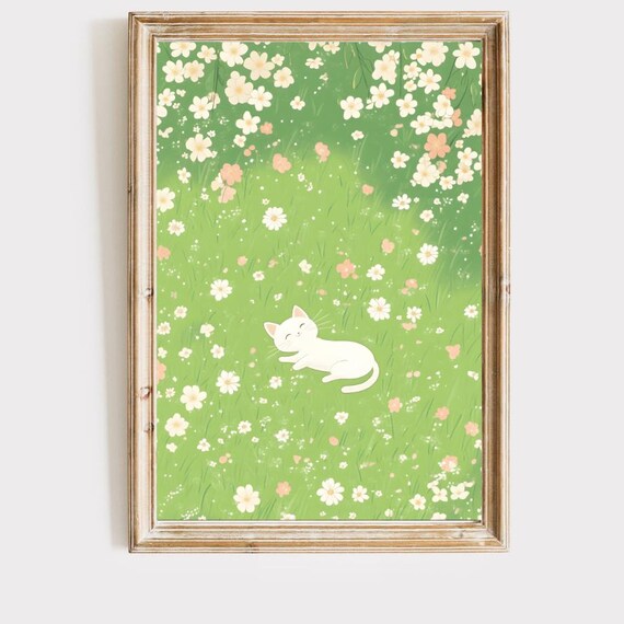 Sleeping White Kitten in Wildflower Meadow Cottagecore Cat Art Poster