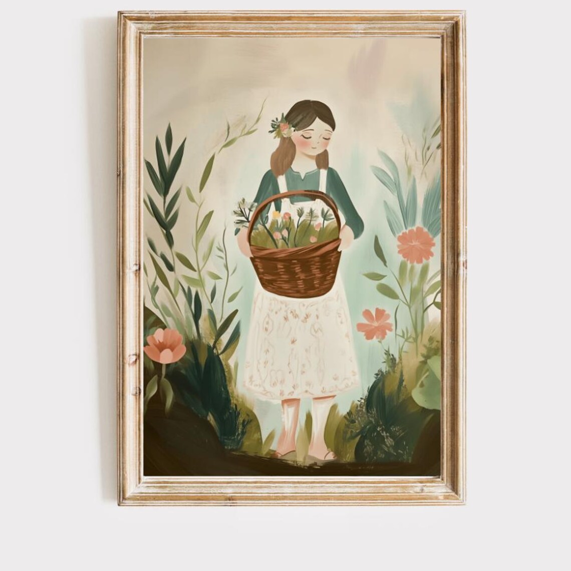 Smiling Girl Holding Flower Basket in Lush Garden Folk Art Poster