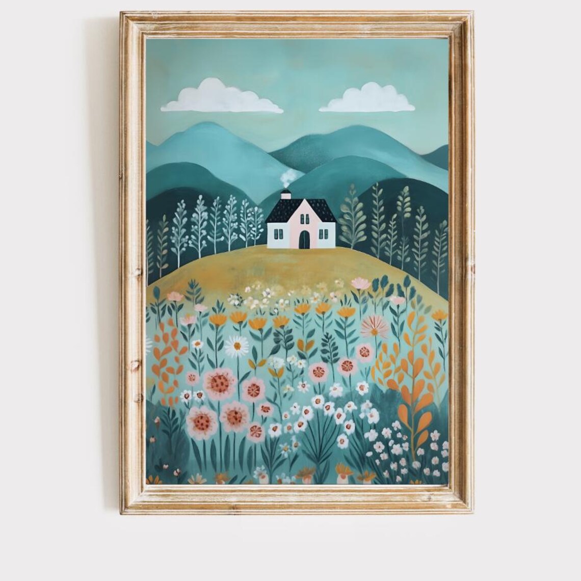 Cozy Little Cottage on Green Hill Among Wildflowers Folk Art Poster