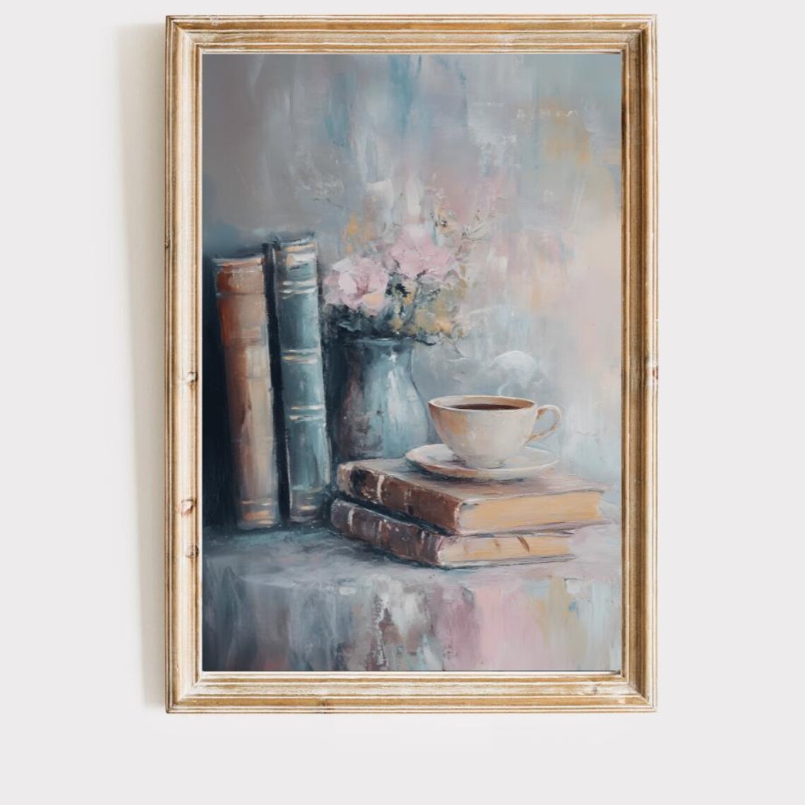 Vintage Old Books With Teacup and Flowers Still Life Painting Poster