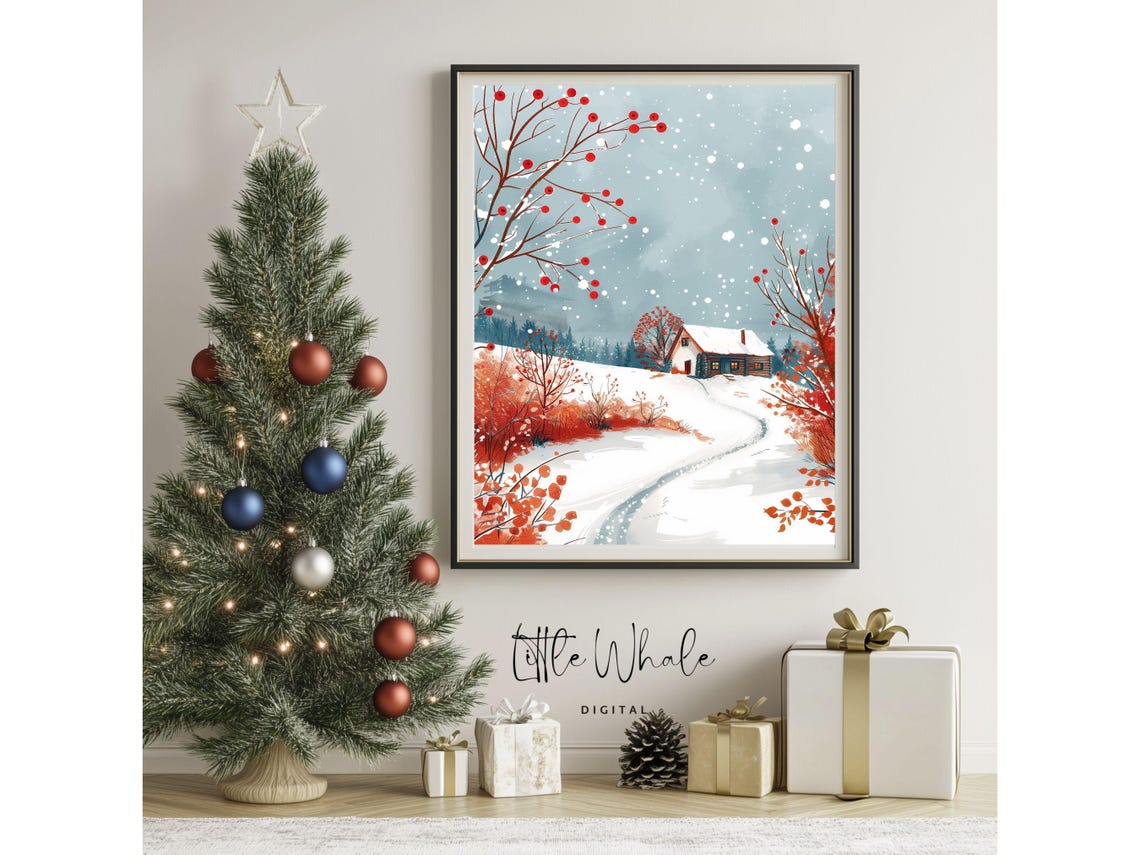 Cozy Snow Covered Cottage With Red Berry Trees Winter Scene Poster - Image 3