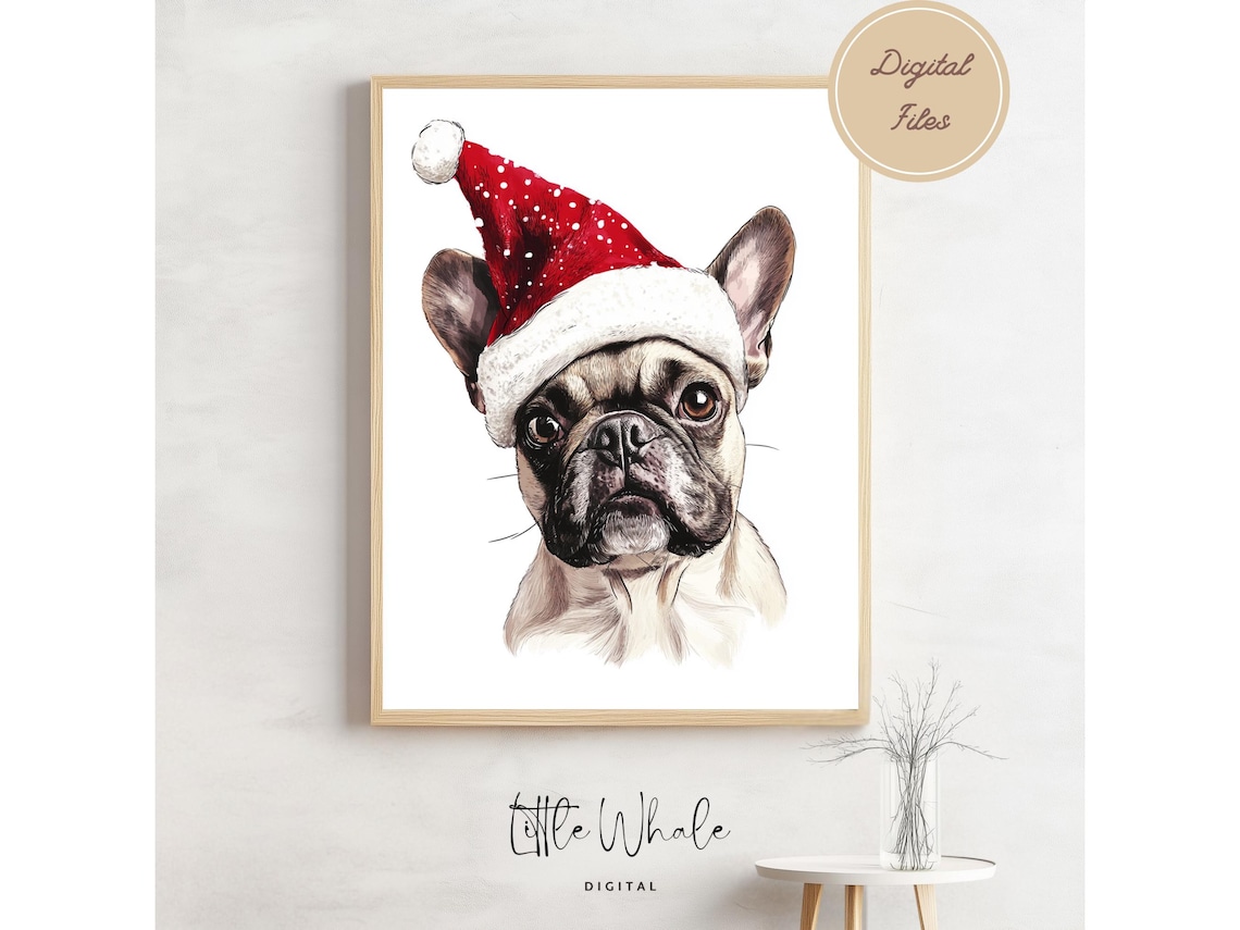 French Bulldog in Santa Hat Adorable Christmas Pup Portrait Art Print
