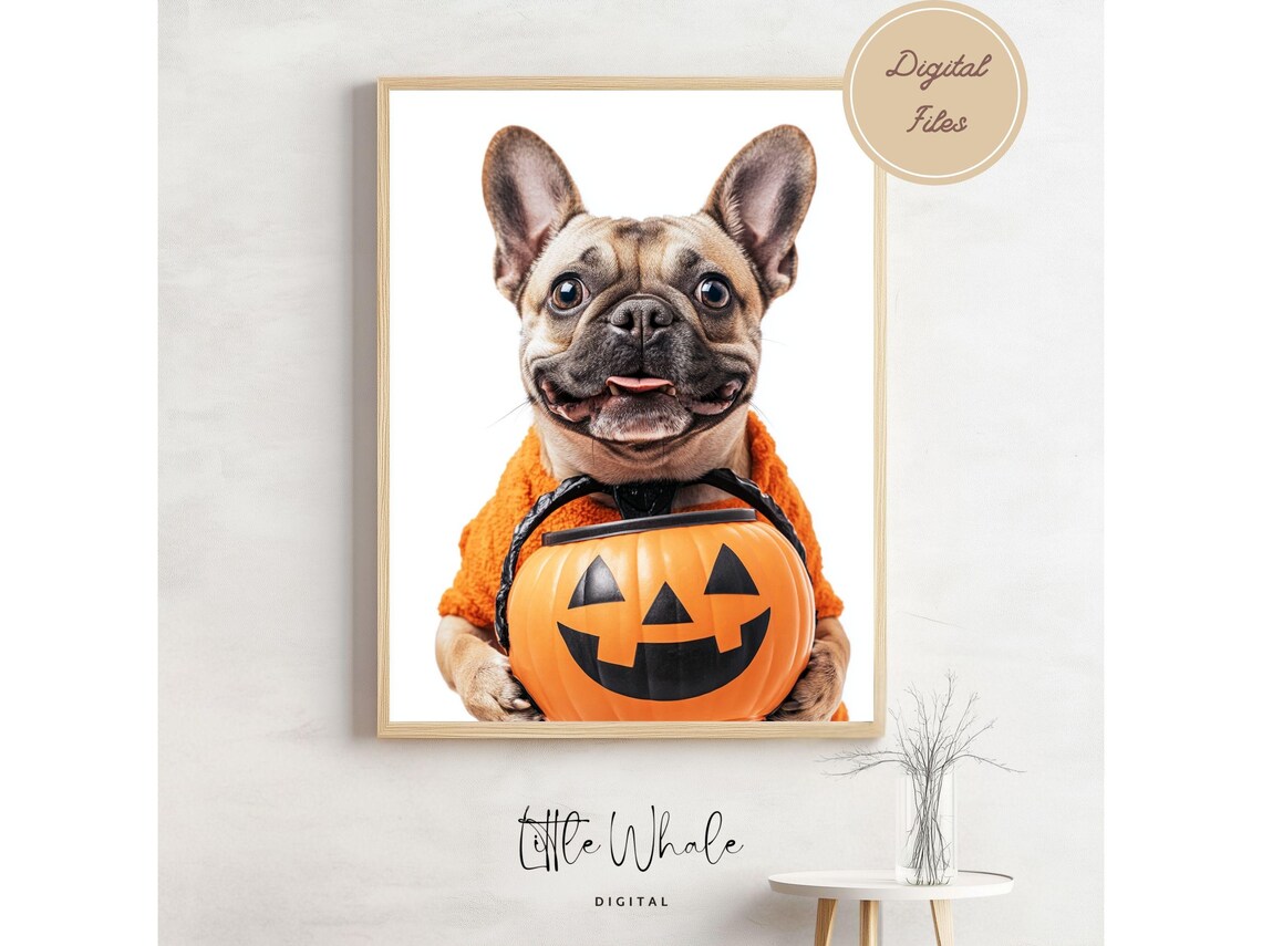 French Bulldog in Orange Costume Holding Pumpkin Candy Bucket Poster