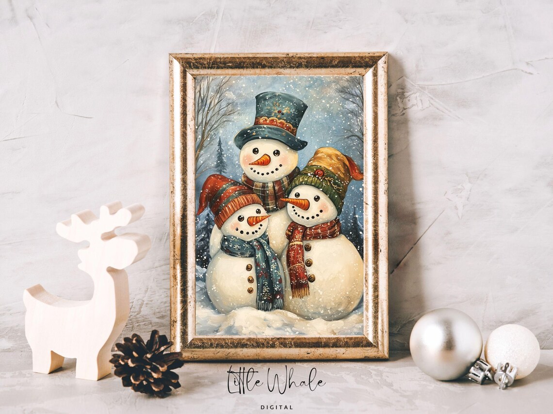 Cute Snowman Family in Falling Snow Cozy Winter Holiday Scene Poster - Image 2