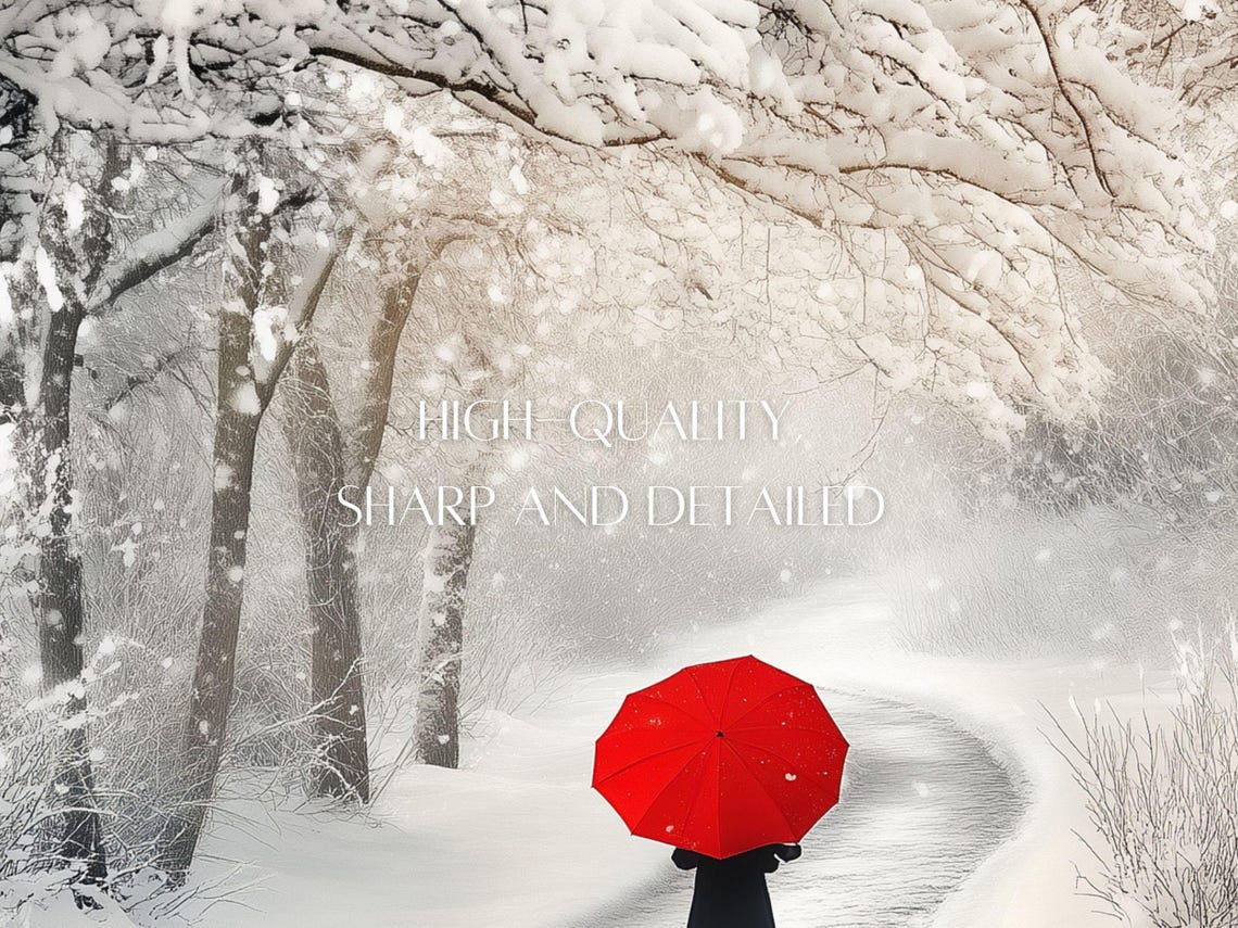 Snowy Winter Forest Path Figure With Red Umbrella Walking Poster - Image 3