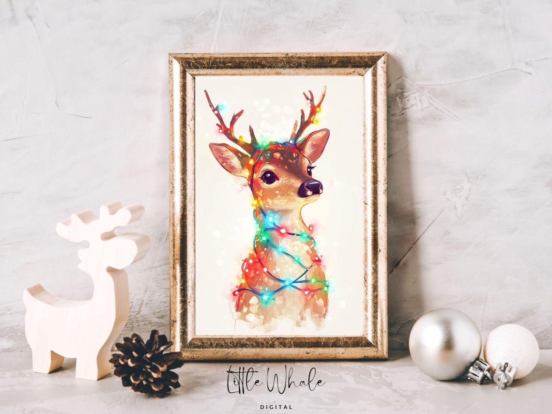 Cute Reindeer Christmas Wall Art Holiday Decor Festive Art Christmas Lights Decor Festive Prints Instant - Image 2