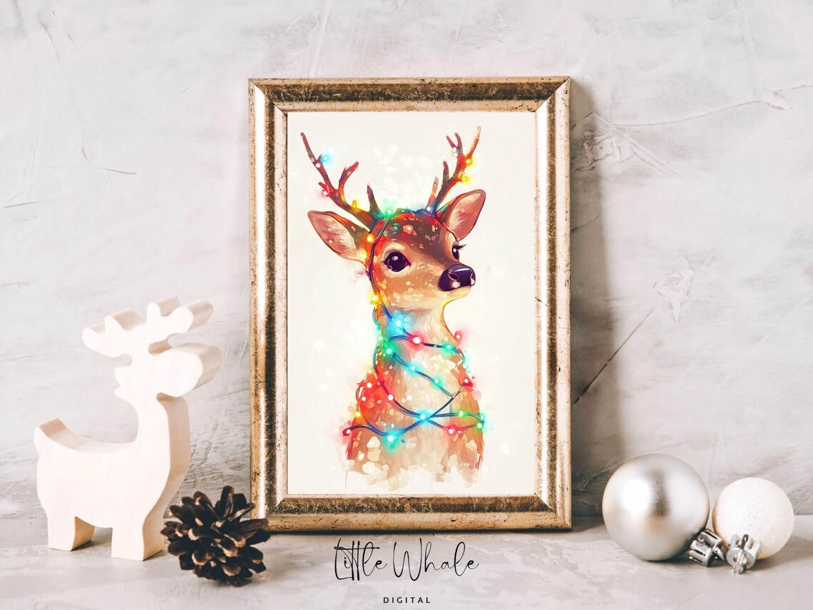 Watercolor Reindeer Wrapped In Christmas Lights Holiday Poster - Image 2