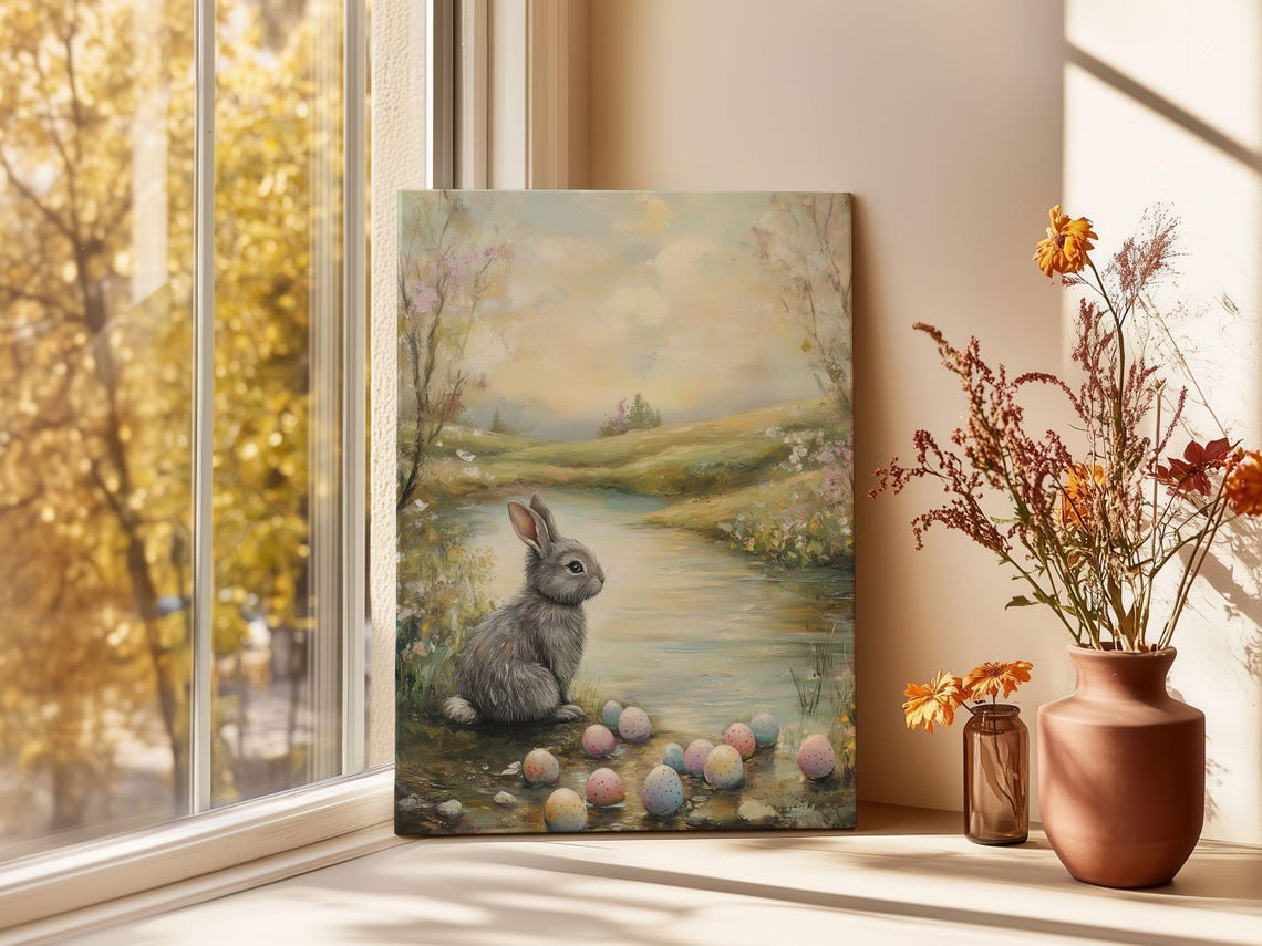 Easter Bunny By A Pond With Colorful Eggs Spring Meadow Poster