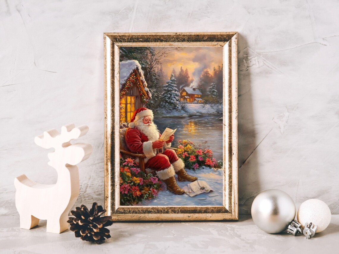 Santa Claus Reading Letters by a Snowy Lake at Sunset Painting Poster - Image 2